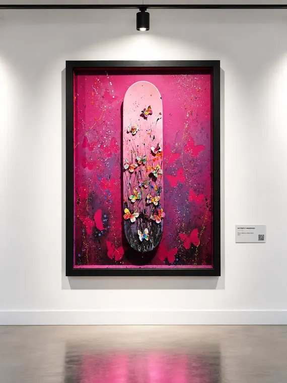 Butterfly Awakening, mixed media on skate deck, framed