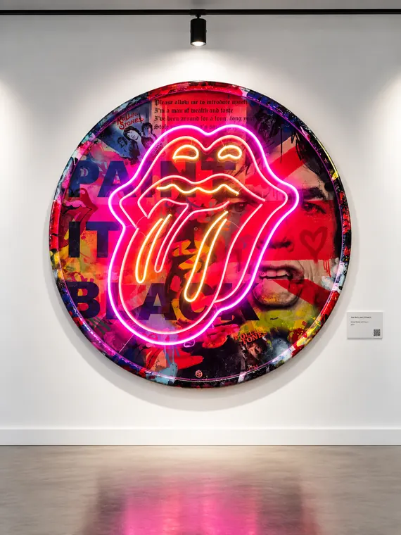 The Rolling Stones, neon tongue on a round mixed-media panel